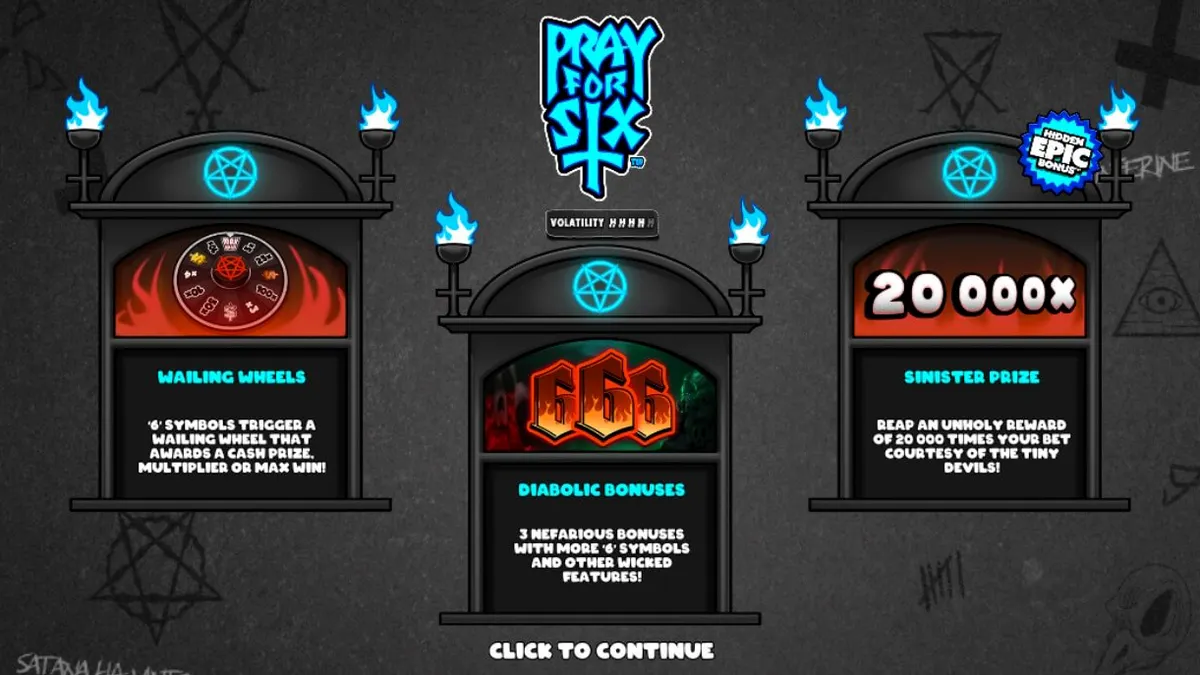 Pray for Six slot game interface na nagpapakita ng monochrome na disenyo at cartoon style graphics.